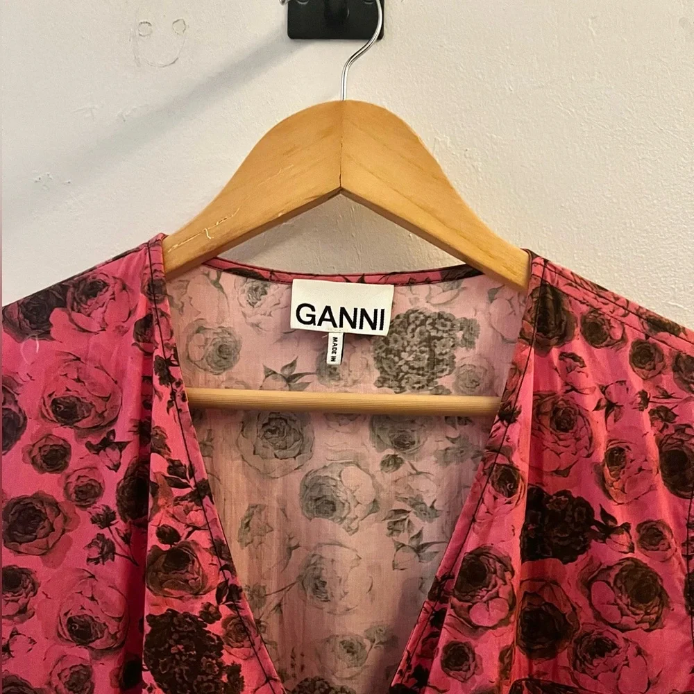 Ganni Rose Print Wrap Pink Dress - Picture 6 of 7
